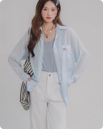 Blue Bow Embroidered Shirt Jacket Thin Top For Women