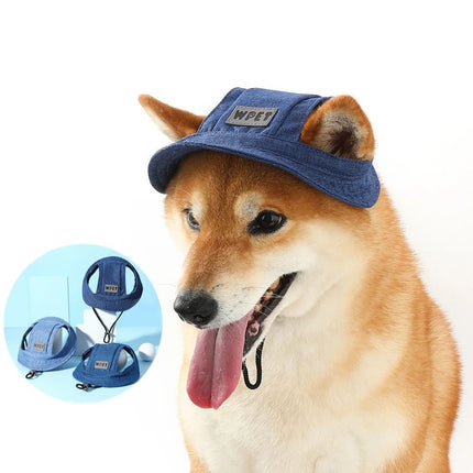 Pet Hat With Ear Holes For Medium Small Dogs Adjustable Summer Pets Dog Outdoor Sun Cap Cat Puppy Denim Color Canvas Visor Caps