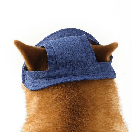 Pet Hat With Ear Holes For Medium Small Dogs Adjustable Summer Pets Dog Outdoor Sun Cap Cat Puppy Denim Color Canvas Visor Caps