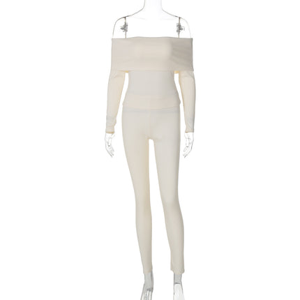 European And American Solid Color Rib Long Sleeve Off-shoulder Slim Trousers Two-piece Set