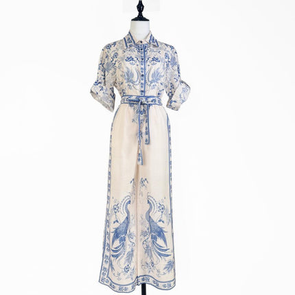 Australian Niche Printing Lapel Rolled Sleeves Shirt Wide Leg Trousers Suit