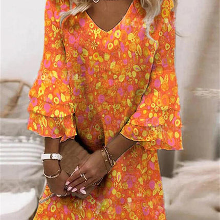 Women's Fashion V-neck Ruffle Digital Printing Dress