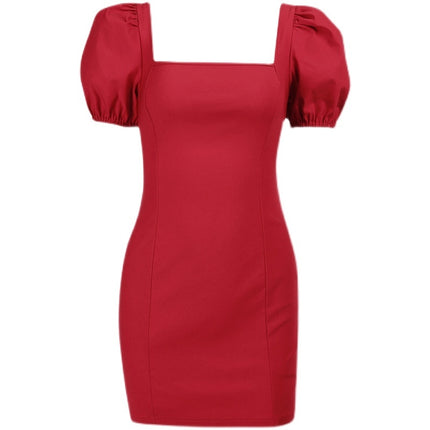 European And American Square Neck Puff Sleeve Waist Bag Hip Dress