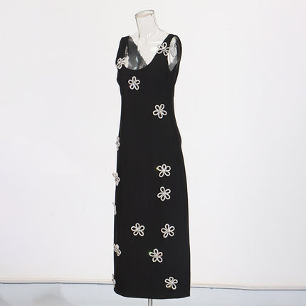 Chic Stitching Rhinestone Flower Design Sling Dress