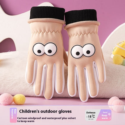 Children's Gloves Autumn And Winter Outdoor Cold-proof Warm With Velvet Anti-slip Cycling Cartoon Cute Windproof