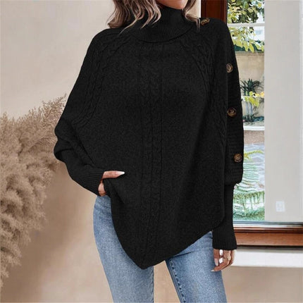 Turtleneck Buttons Decorative Long Sleeve Batwing Shirt