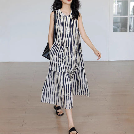 Round Neck Loose Stripe A- Word Vacation Style Midi Dress