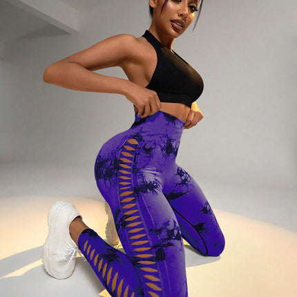 Cut Out Side Hollow Tie Dyed Yoga Pants, High Waist And Hip Lifting Fitness Pants With Side Hollow Seamless Sports Tights, Workout Gym Yoga Pants Scrunch Butt Lift Tights