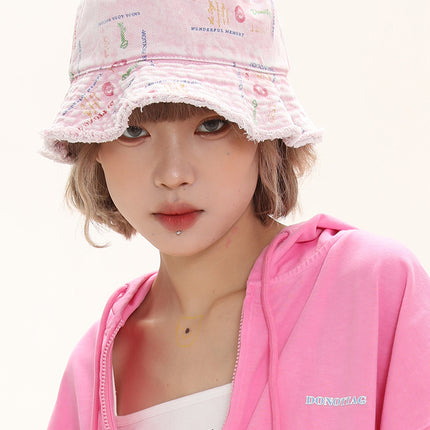 Handmade Raw Edges All Over Print Color Denim Bucket Hat Versatile