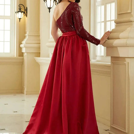 Women's Sequined Solid Color Mid-waist Red Banquet Dress