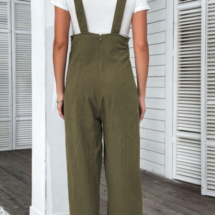 Jungle Green Solid Color Buttoned Straight Leg Overall