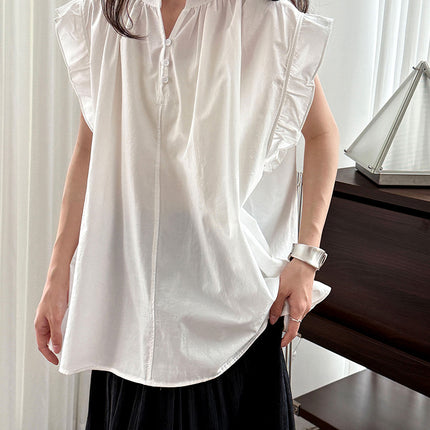 Casual Lace Ruffle Sleeve Shirt Top V-neck Buttons Pleated