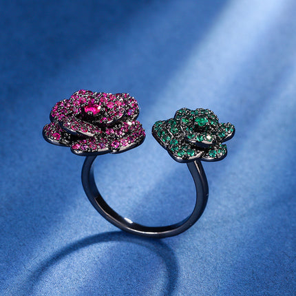 Ornament Copper Sole Golden Plate Red Corundum Black Gold Flowers Personality Female Ring