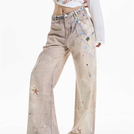 Retro Chain Print Worn Jeans Women's Straight Wide-leg Pants