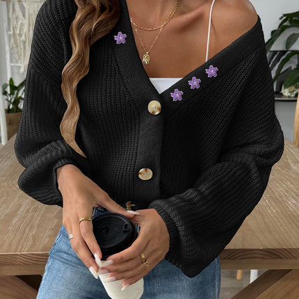 Embroidered Stickers Short Button Coat Sweater Cardigan
