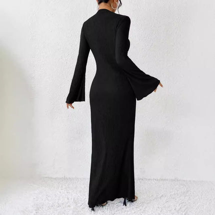 Autumn And Winter Women's Fashion Round Neck Horn Long Sleeve Slim Hip Bag Dress