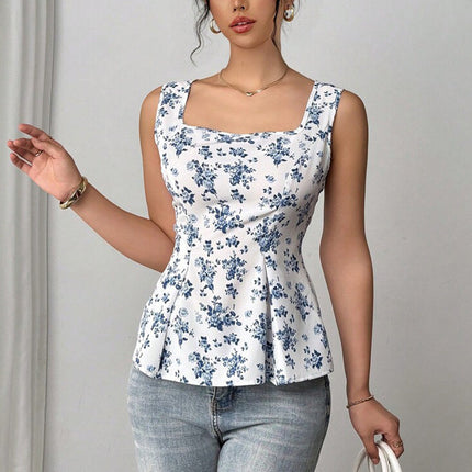Vacation Style Floral Small Vest Sling Top Drawstring