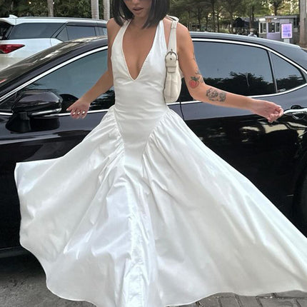 Hot New Sexy Solid Color Deep V Neck Hollow Out Halter Elegant Flared Hem Dress For Women