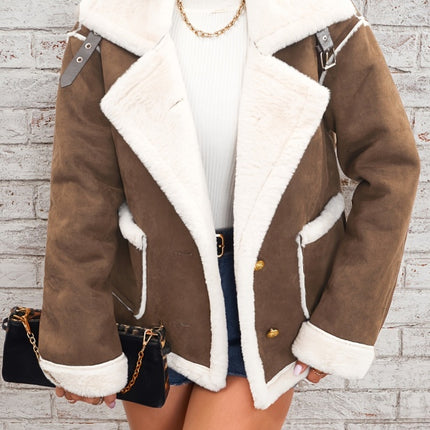Lapel Plush Jacket, Winter Warm Casual Outwear, Women's Clothing