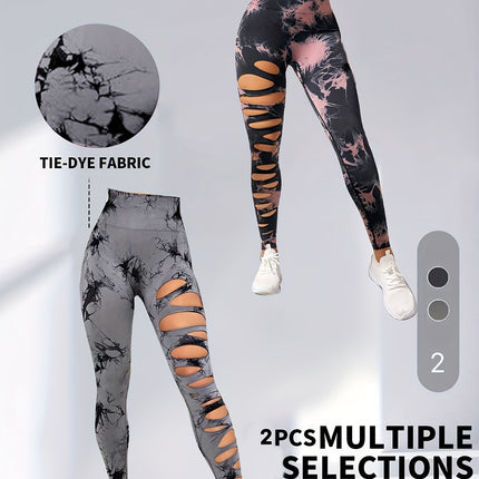 2 Pack Hollow Sexy High Elastic Women's Tie Dye Cutout Tights High Waist Workout Yoga Leggings, Scrunch Butt Lifting Elastic Pants, Tummy Control Butt Lifting Workout Yoga Athletic Pants