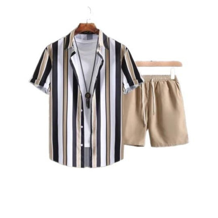 Striped Contrast Color 3D Printing Vacation Shirt Shorts 2 Pieces Suit