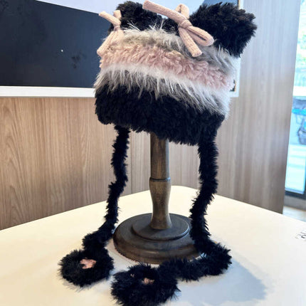 Fashion Striped Bow Plush Earmuffs Hat Women