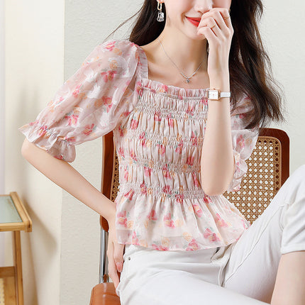 Women's French-style Square Collar Floral Shirt