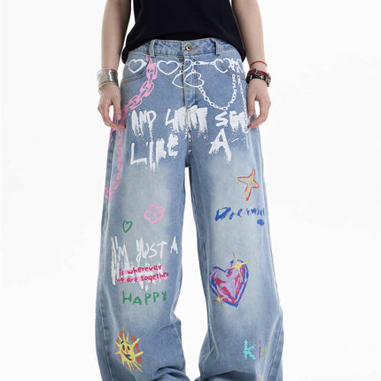 Waist Chain Printed Jeans Women's Straight Wide-leg Pants