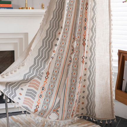 Boho Cream Cotton And Linen Print Sun Shade Non-punched Curtain Fabric