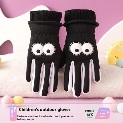 Children's Gloves Autumn And Winter Outdoor Cold-proof Warm With Velvet Anti-slip Cycling Cartoon Cute Windproof