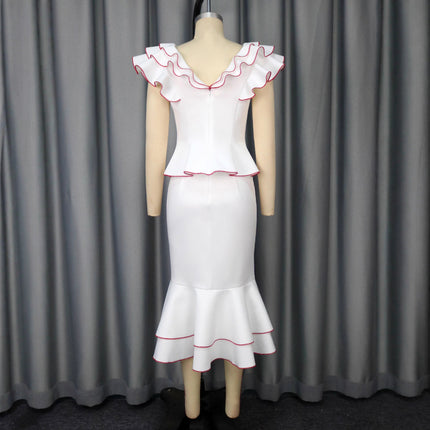 Women's Ruffled Contrast Color Top Temperament Slim Fishtail Skirt Suit