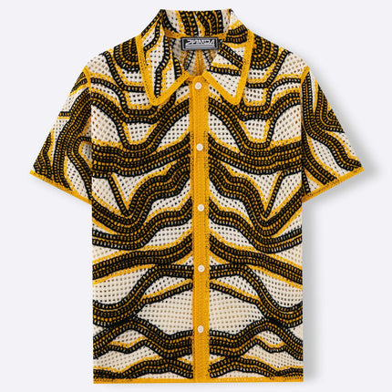 American Texture Striped Sweater Retro Hand Crocheting Short Sleeve Cardigan