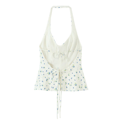 Summer New Women's Flower Print Hanging Collar Top