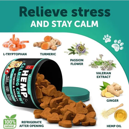 Hemp Calming Chews For Dogs Dog Anxiety Relief Treats With Hemp Oil Turmeric Valerian Ginger Health And Wellness Supplements For Dogs Hip And Joint Support 120 Treats