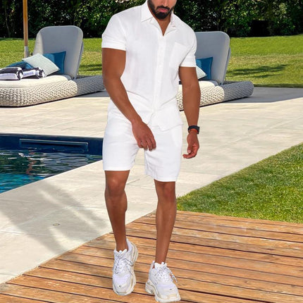Cross-border Summer Menswear Suit Polo Collar Solid Color Short-sleeved Shorts Suit Button Four-sided Stretch Shirt