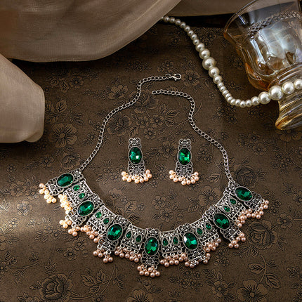 Vintage Emerald Earrings Ethnic Style Square Tassel Bead Pendant Jewelry Suit