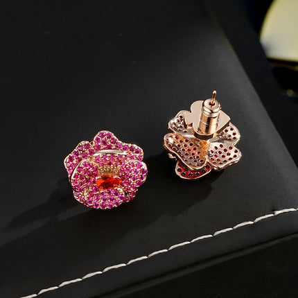 Rose Peach Heart Earplug Classic Style Stud Earrings Luxury Three-dimensional Camellia Fine Zircon-embedded Earrings