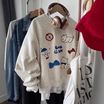 New Embroidered Flocking Loose All-match Round Neck Sweater