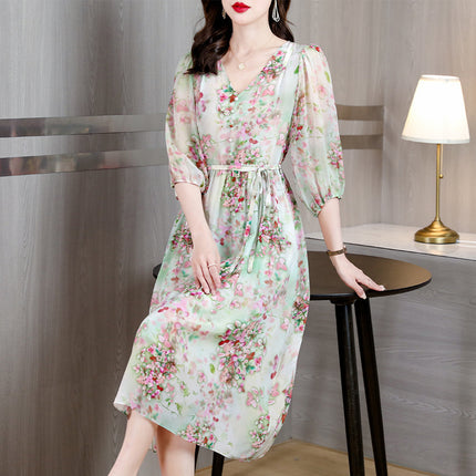 New Fashion V-neck Temperament Printed Dress