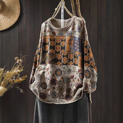 Women's Vintage Printed Cotton Knitted Sweater Round Neck
