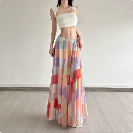 Colorful Flower Niche Artistic Colorblock Plaid Skirt