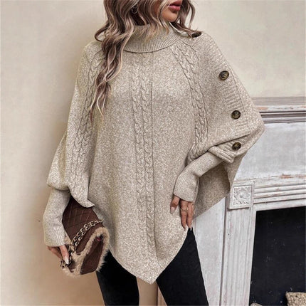 Turtleneck Buttons Decorative Long Sleeve Batwing Shirt