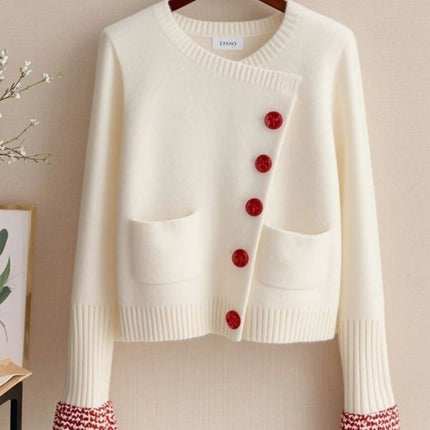 Design Sense Outer Wear Diagonal Buckle White Sweater Coat