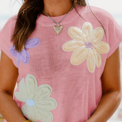 Multi Colored Crochet Flower Knitted Short Sleeved Shirt