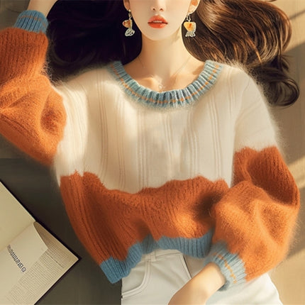 Autumn And Winter New Soft Glutinous Orange Round Neck Stitching Sweater