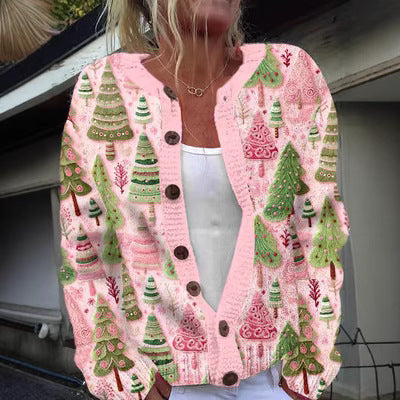 Cardigan Sweater Coat Single Row Button Sweater Printing