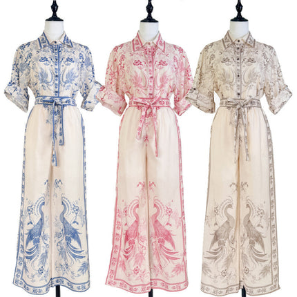 Australian Niche Printing Lapel Rolled Sleeves Shirt Wide Leg Trousers Suit