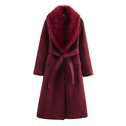 Women's Fashion Lace-up Fur Collar Woolen Coat