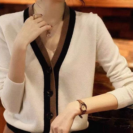Color-block V Neck Cardigan Knitted Women's Long-sleeved Sweater Outer Tops