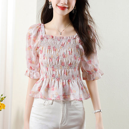 Women's French-style Square Collar Floral Shirt